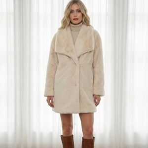 One The Land Cream Faux Fur Coat, Plush Mid Length Winter Jacket